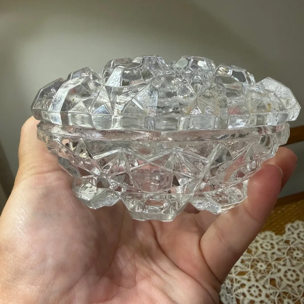 Vintage Glass Diamond Point Clear Covered Candy Dish Footed Oval 5in